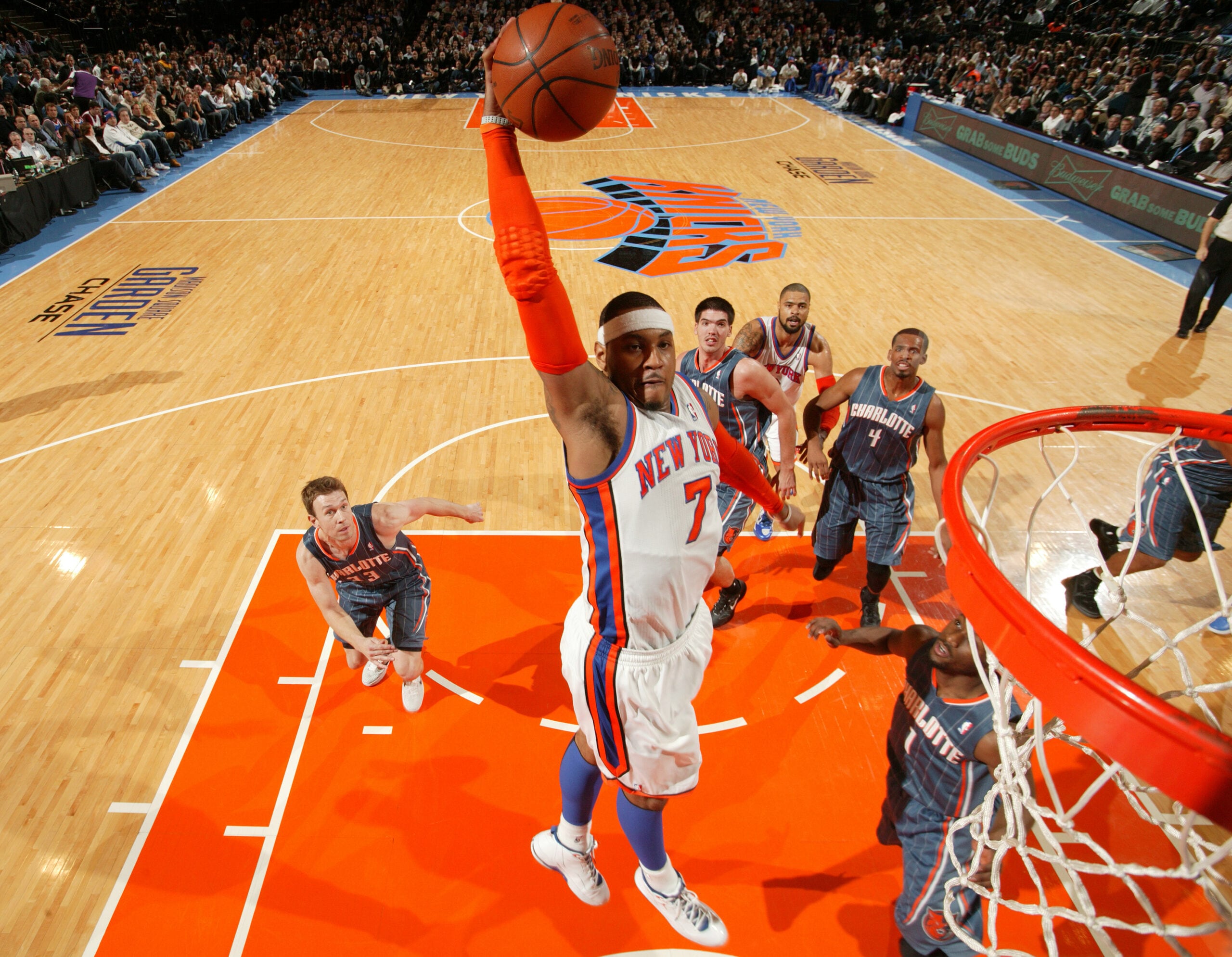 Carmelo Anthony attacking the basket for the New York Knicks at Madison Square Garden