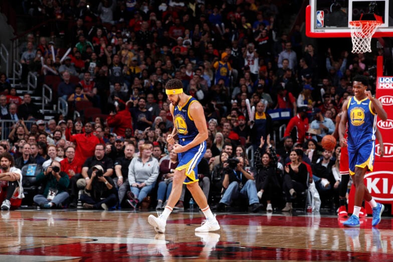 CHICAGO, IL - OCTOBER 29: Klay Thompson #11 of the Golden State Warriors celebrates after hitting his 14th three pointer to break the single game record for the most three's against the Chicago Bull