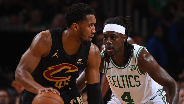 Jrue Holiday #4 of the Boston Celtics plays defense during the game against the Cleveland Cavaliers during Round 2 Game 2 of the 2024 NBA Playoffs on May 9, 2024 at the TD Garden in Boston, Massachusetts.