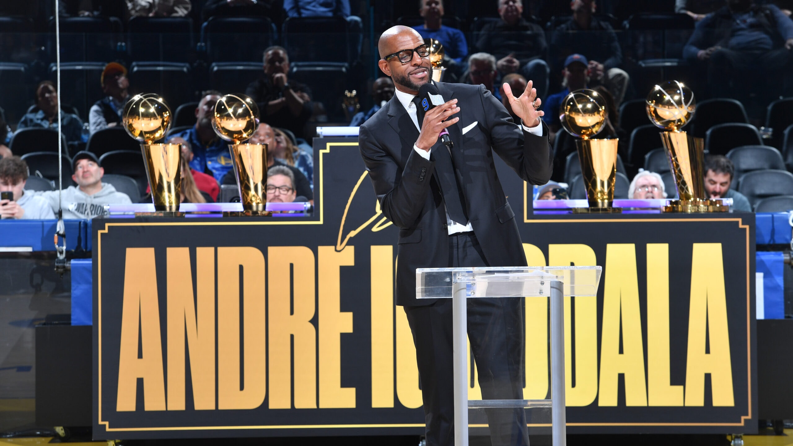 Andre Iguodala has his number retired by the Warriors as a winner of an NBA Finals MVP and 4 titles
