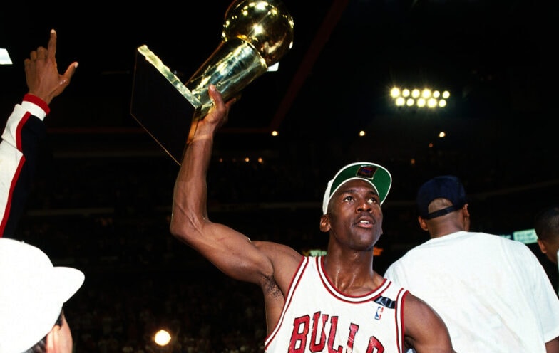 Michael Jordan celebrating his 2nd NBA Championship with the Chicago Bulls