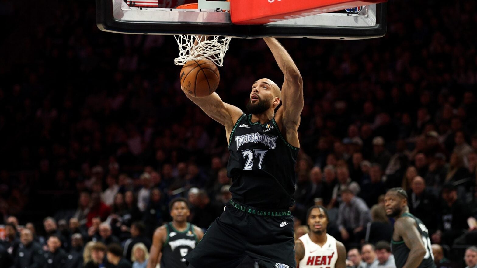 Rudy Gobert dunks for Minnesota against Miami during a January 2026 game