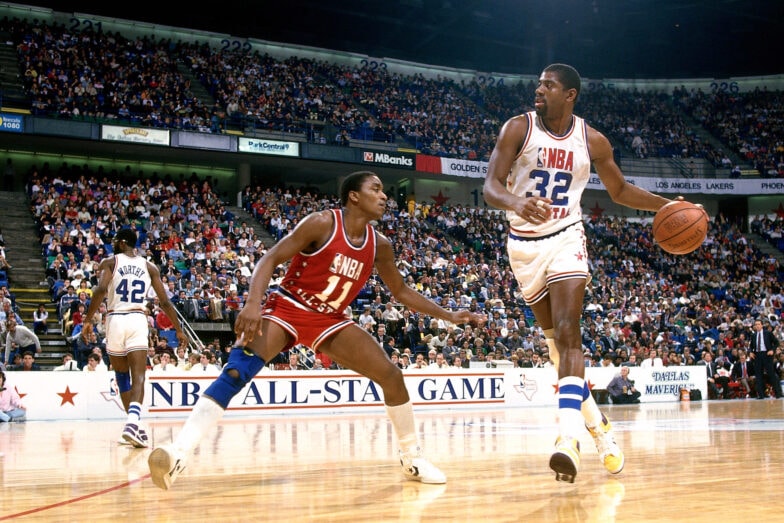 Magic Johnson and Isiah Thomas during the 1986 All-Star Game