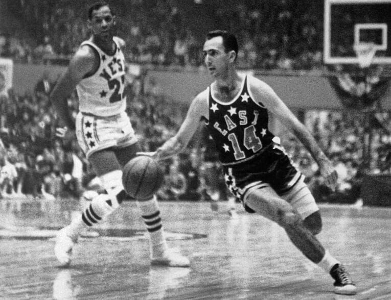 Bob Cousy dribbles the ball during the 1950 All-Star Game