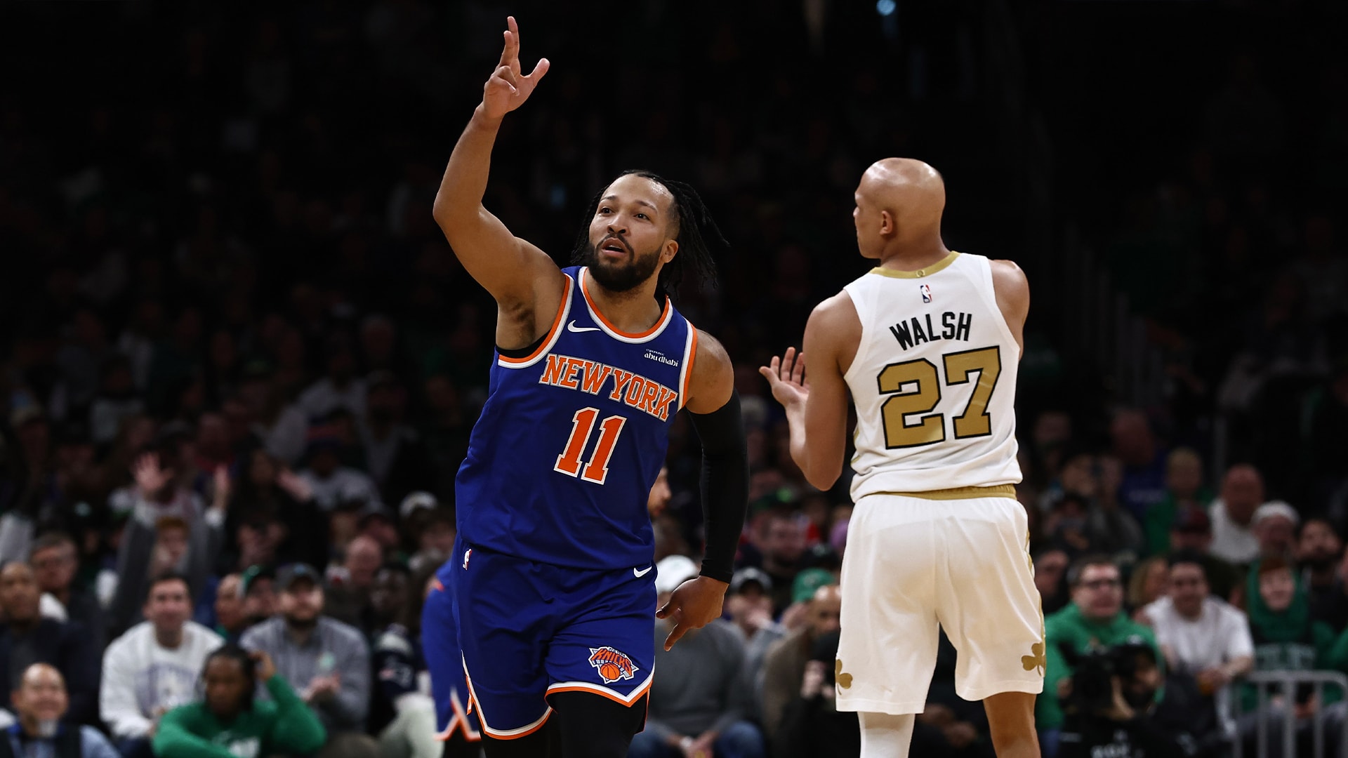 Jalen Brunson in Knicks blue faces Boston during a February 2026 game