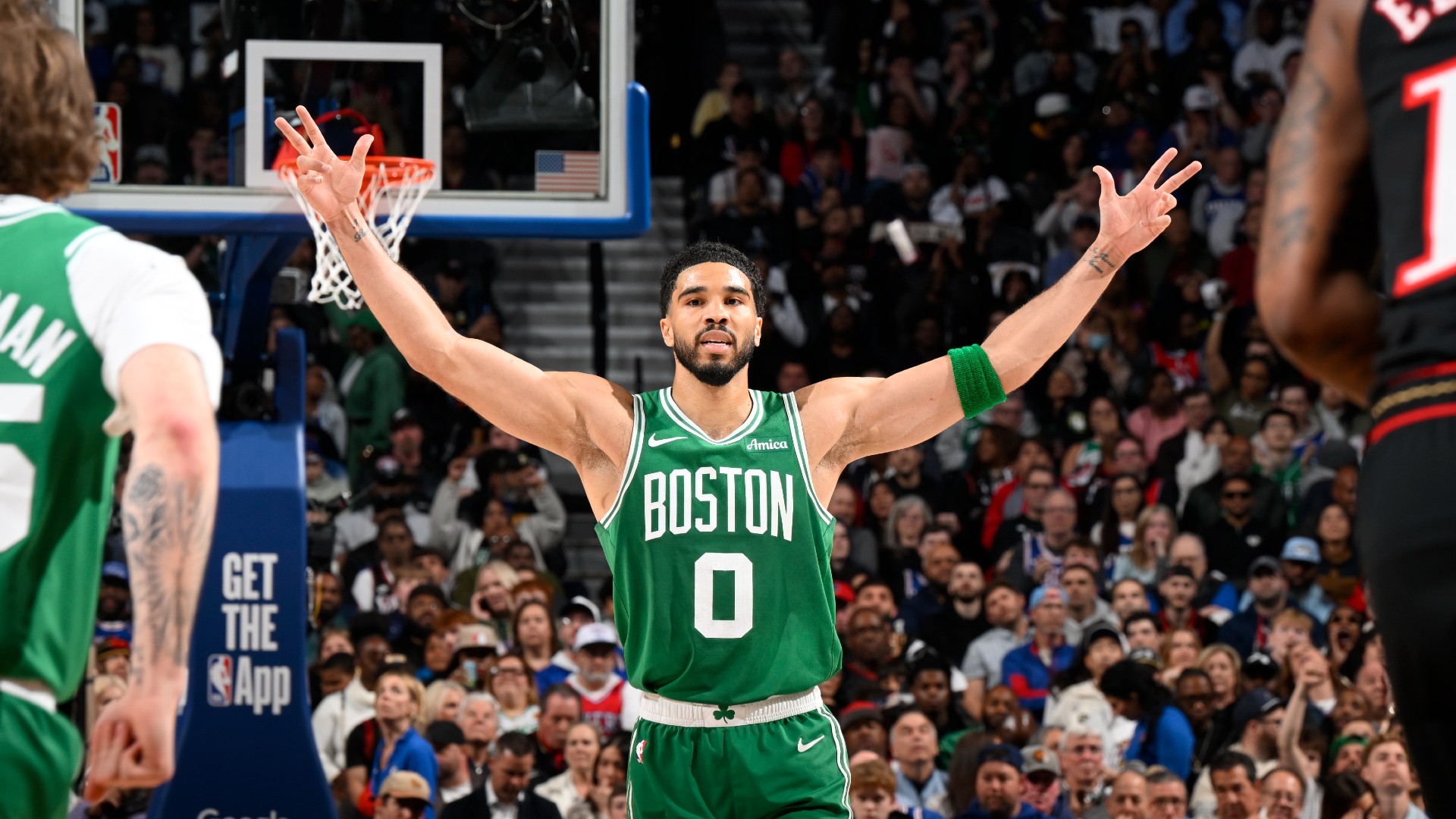 Jayson Tatum celebrates for Boston