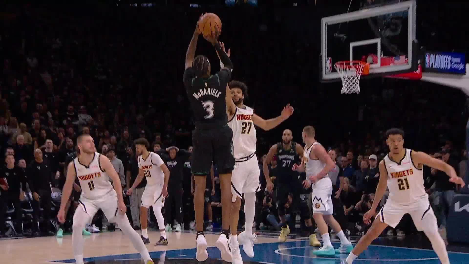 Jaden McDaniels pulls up for the dagger for Minnesota