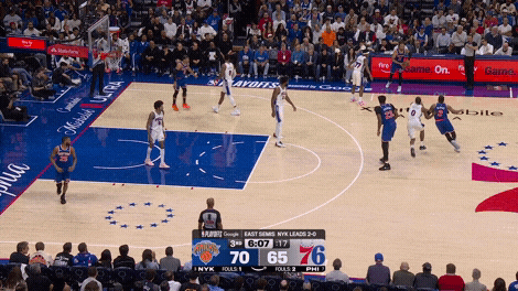 Jalen Brunson drive at Joel Embiid
