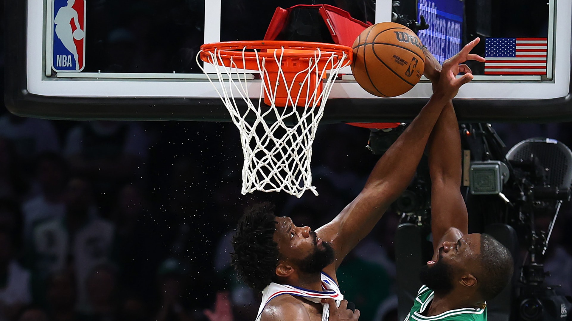Joel Embiid delivers a highlight block in an elimination game