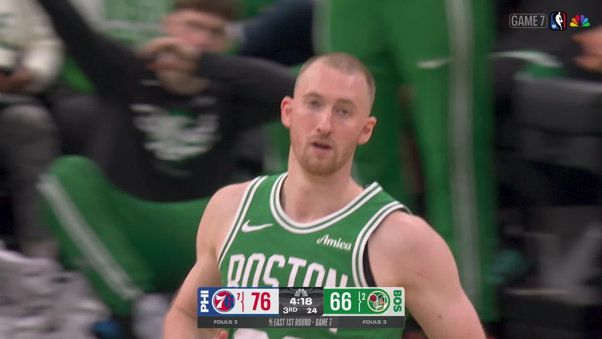 Sam Hauser knocks it down from deep