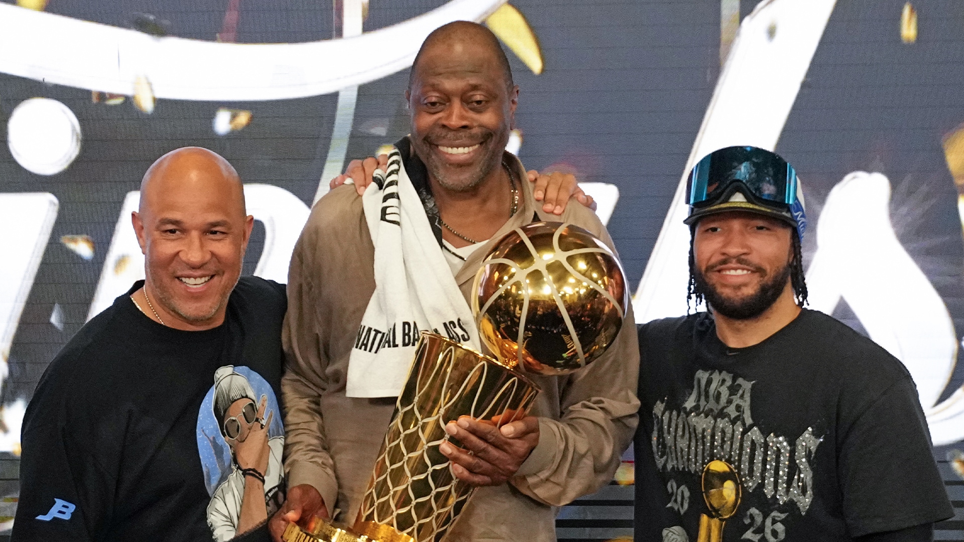 Finals Access Element: Patrick Ewing and Jalen Brunson postgame moment with trophies