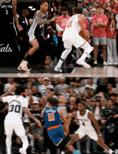 Above, Jalen Brunson pump fakes and leans to his right, hitting a floating jumper over Devin Vassell. Below, Brunson bumps Julian Champagnie off, then again leans right and hits a floating fadeaway jumper over Vassell.