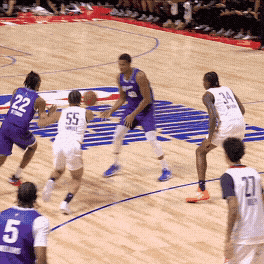 Darryn Peterson crosses over to get to the righty floater, then AJ Dybantsa accelerates to the rim for the layup.
