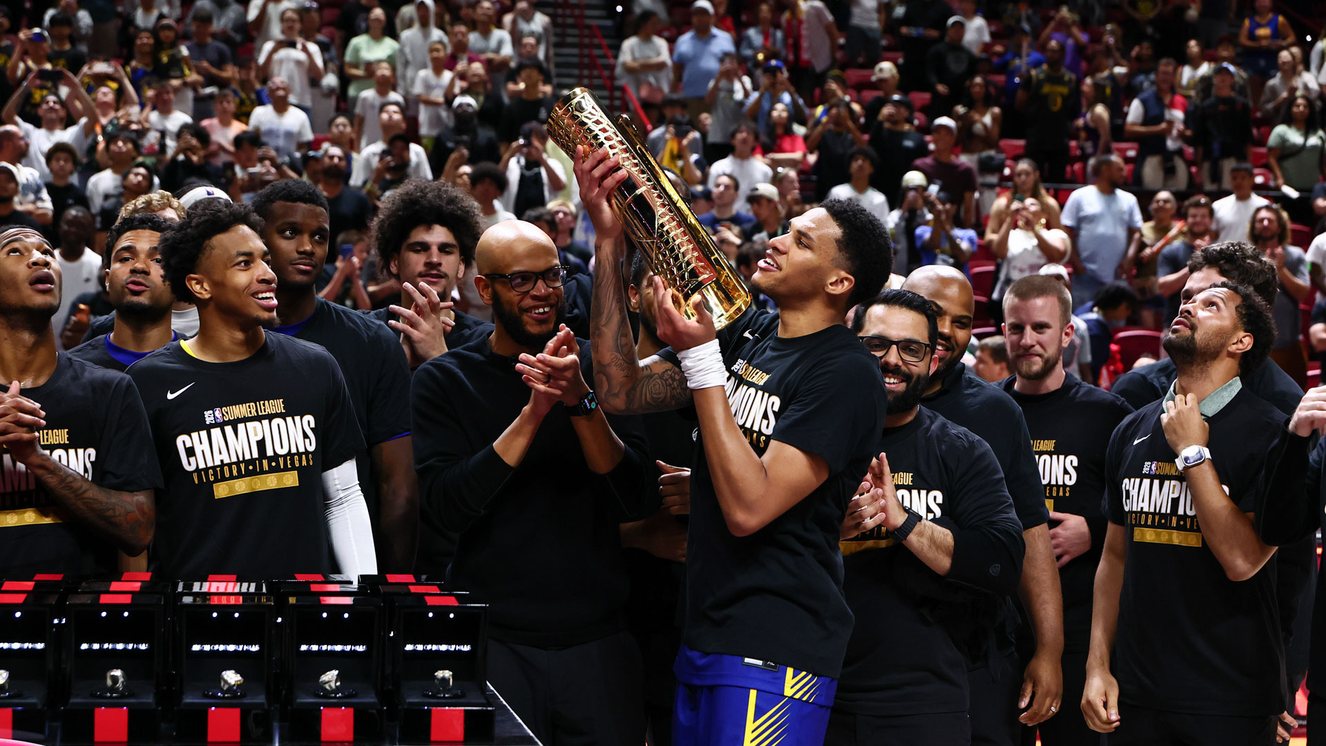 Golden State Warriors celebrating their 2026 NBA Summer League championship victory