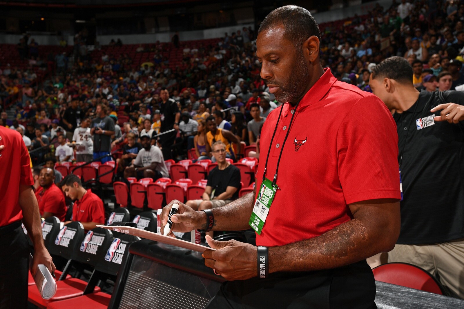 Coach Randy Brown of the Bulls writes on his clipboard during a game against the Dallas Mavericks on July 8, 2017 at the Thomas & Mack Center in Las Vegas, Nevada.