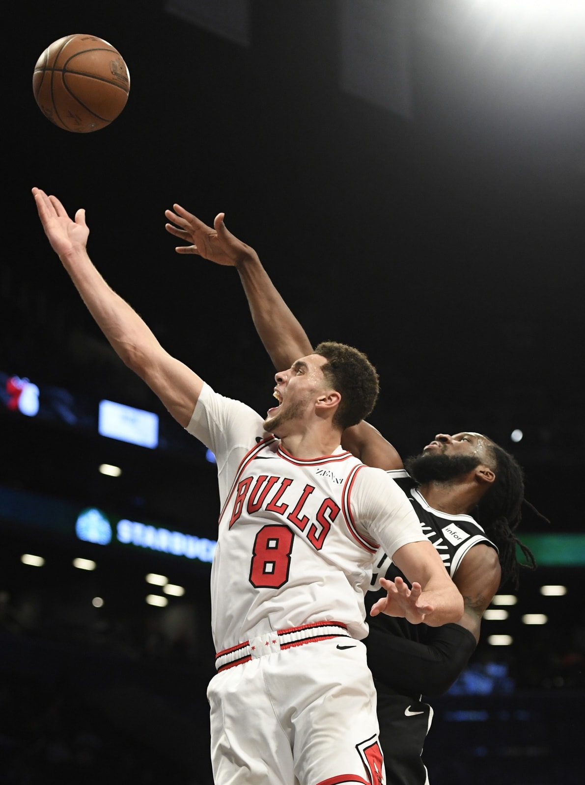 Zach LaVine #8 of the Chicago Bulls attempts a layup during the fourth quarter of the game against the Brooklyn Nets at Barclays Center on January 29, 2019 in the Brooklyn borough of New York City.