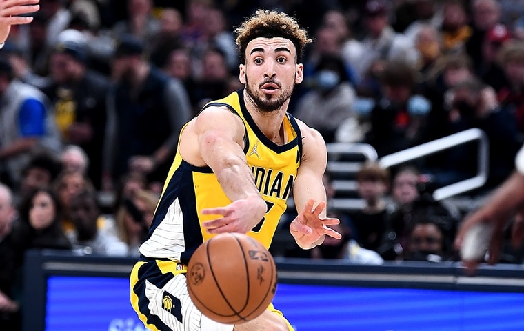 LOS ANGELES, CA - JANUARY 17: Indiana Pacers Guard Chris Duarte (3) looks  on during a NBA game between the Indiana Pacers and the Los Angeles  Clippers on January 17, 2022 at