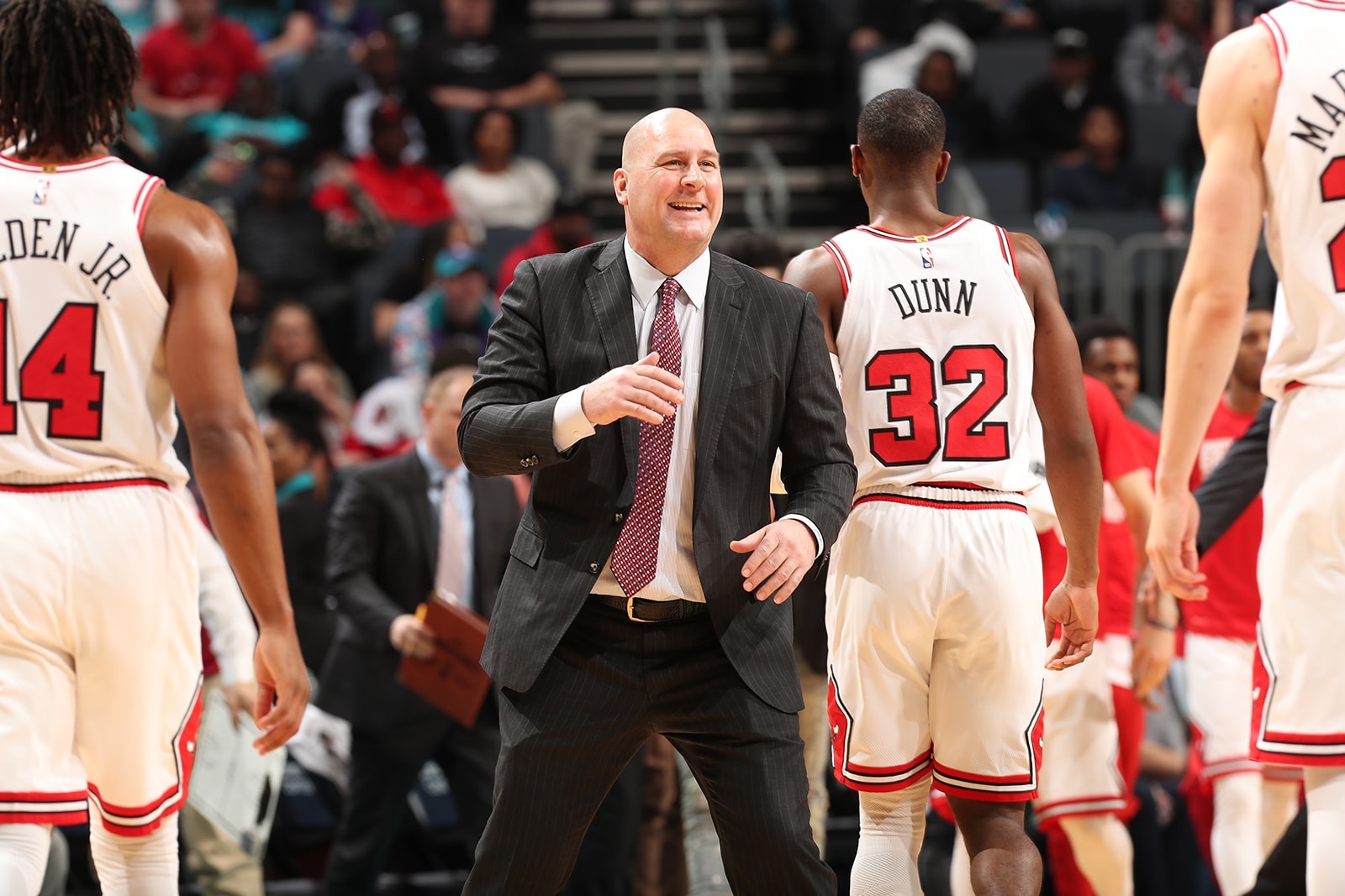 Jim Boylen Greets the Chicago Bulls Players as they come off the court