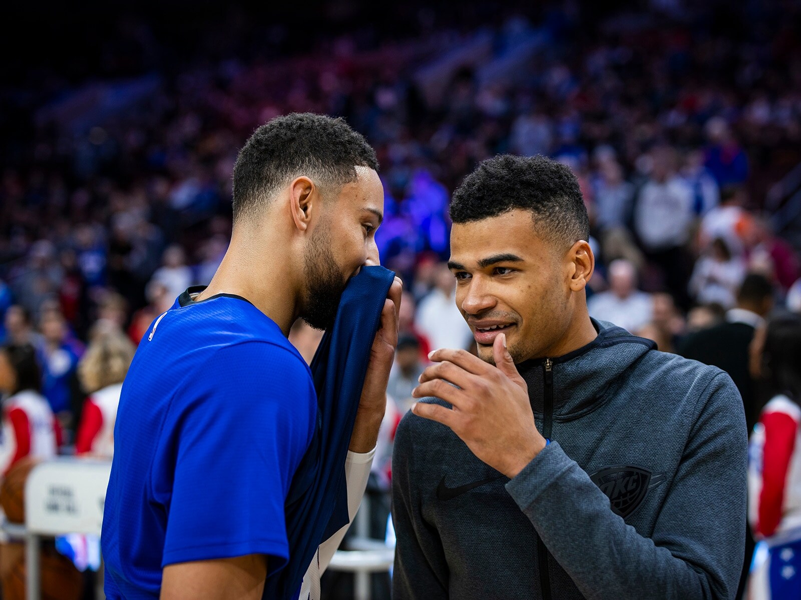 Timothe Luwawu-Cabarrot talking to Ben Simmons