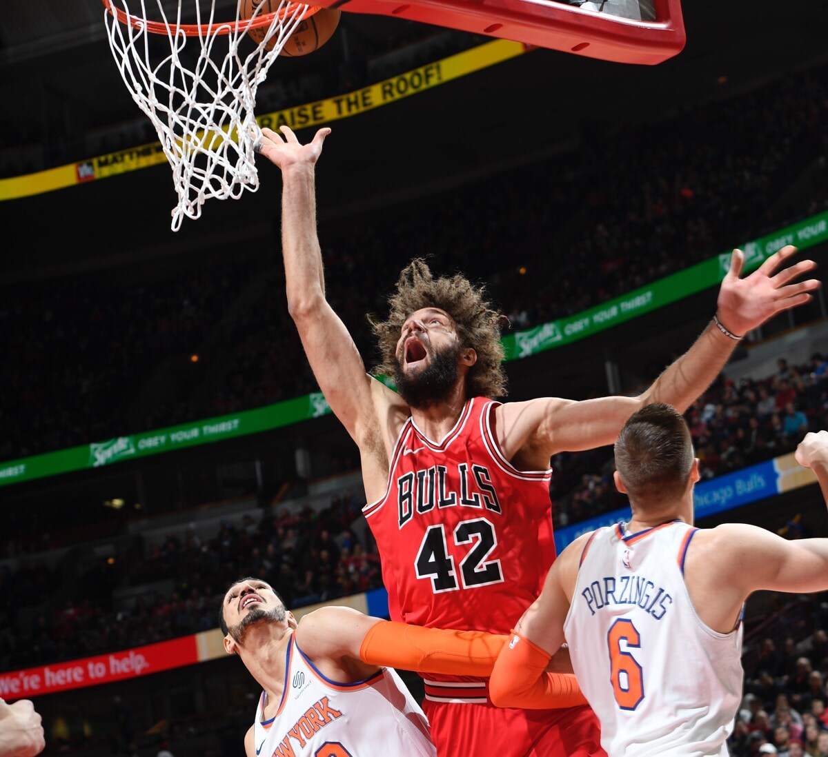 Robin Lopez fights to put the ball in the hoop against the New York Knicks