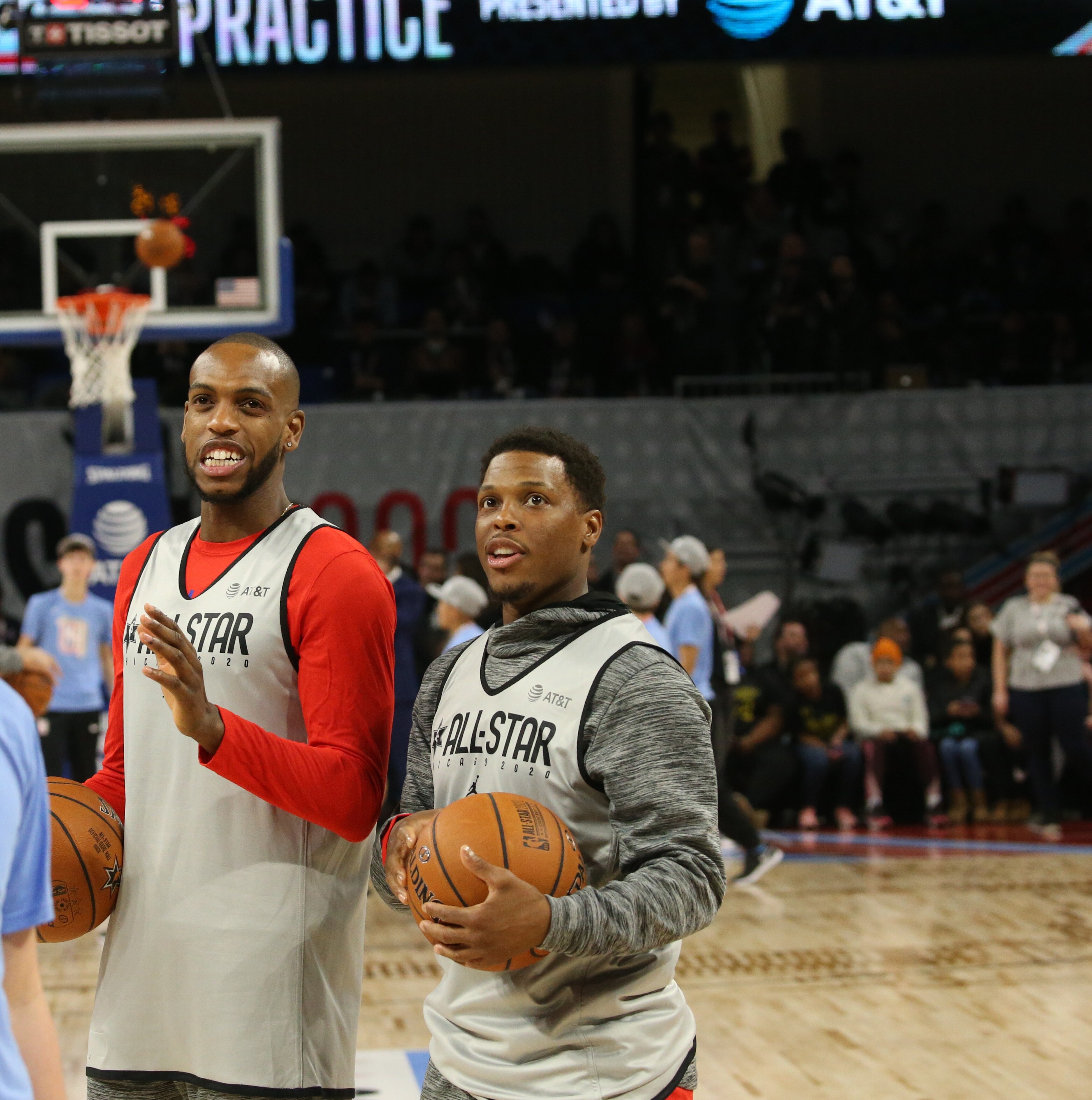 Slideshow-image: Kyle Lowry and Khris Middleton of Team Giannis looks on during Practice and Media Availability presented by AT&amp;T as part of 2020 NBA All-Star W...