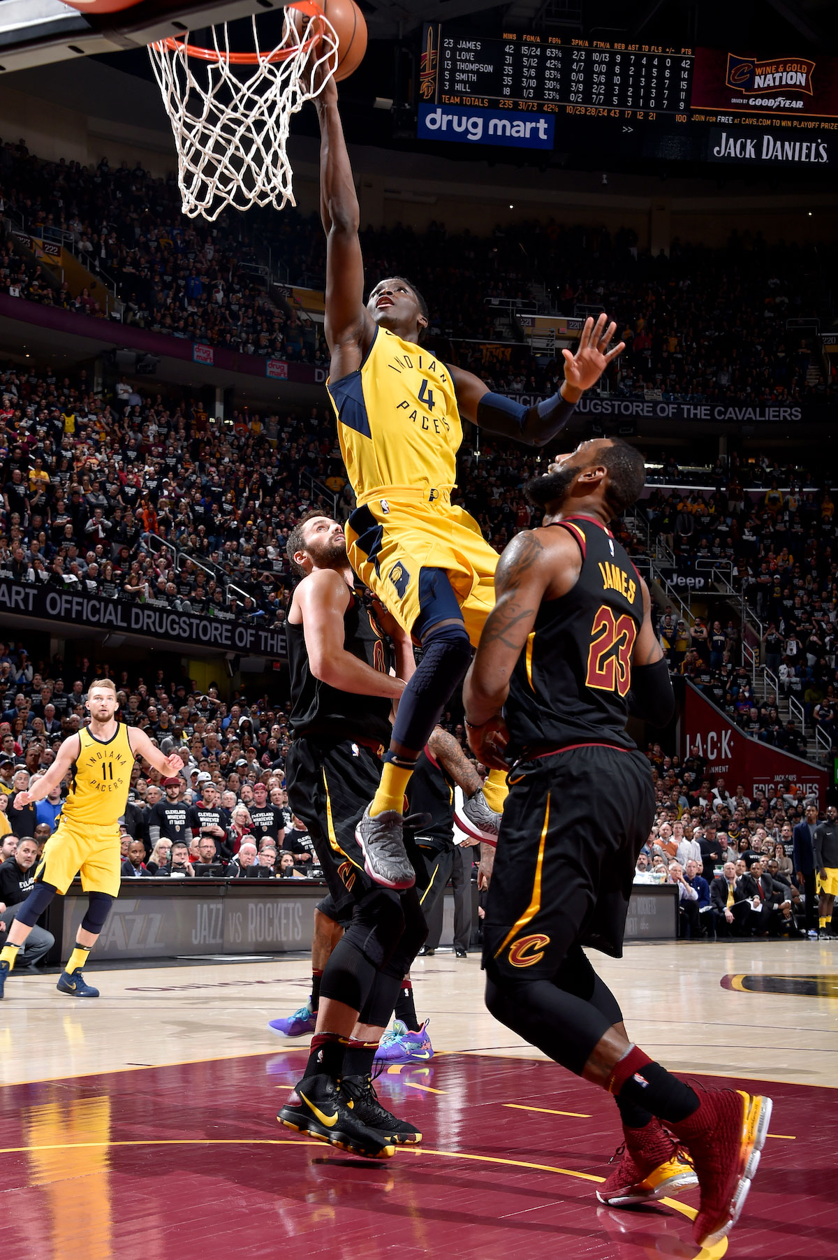 Victor Oladipo #4 of the Indiana Pacers goes to the basket against the Cleveland Cavaliers in Game Seven of Round One of the 2018 NBA Playoffs on April 29, 2018 at Quicken Loans Arena in Cleveland, Ohio