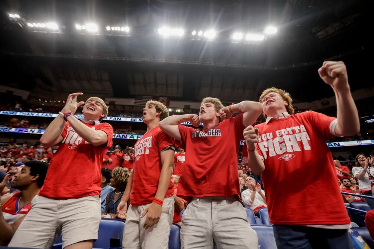 Slideshow-image: New Orleans Pelicans fans cheer on the team in Game 4 of the first round of the NBA Playoffs against the Phoenix Suns on Sunday, April 24, 2022....