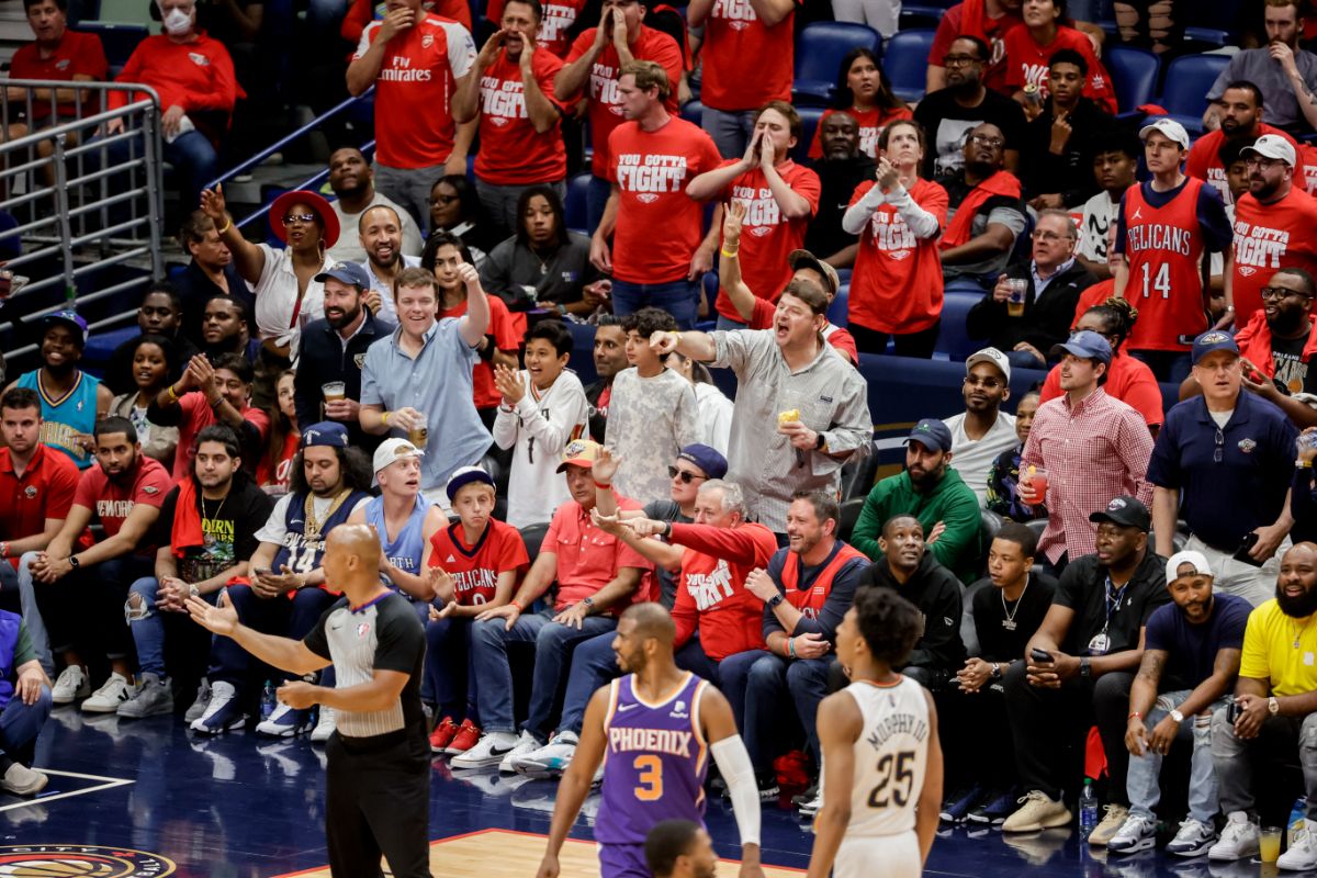 Lightbox-image: New Orleans Pelicans fans cheer on the team in Game 4 of the first round of the NBA Playoffs against the Phoenix Suns on Sunday, April 24, 2022....