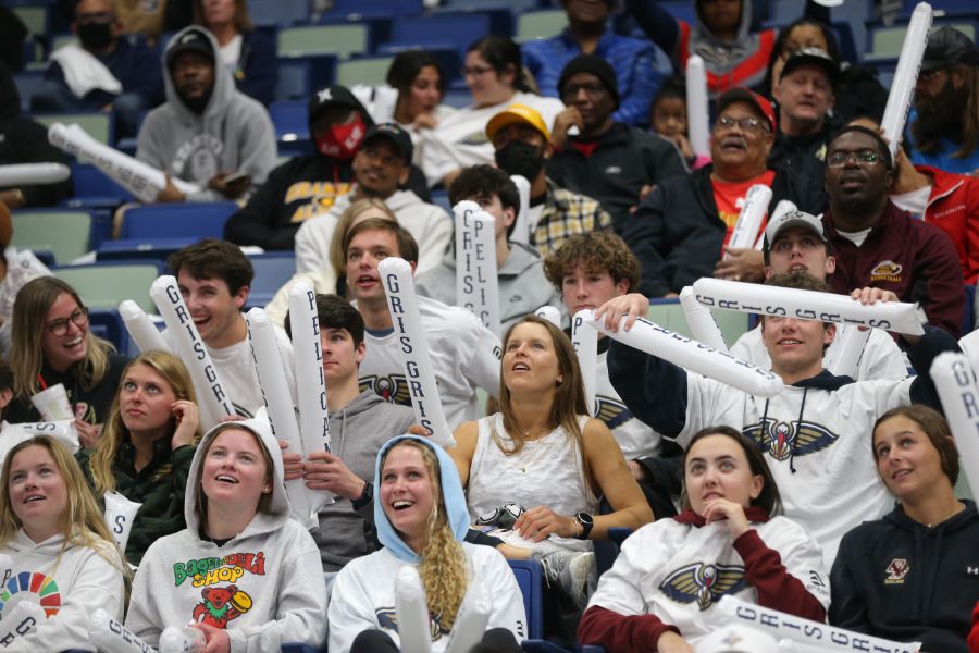 Lightbox-image: Watch New Orleans fans as they're entertained by the Hype Team, Drumline, halftime performance, and more during the Pelicans game against the Orlan...