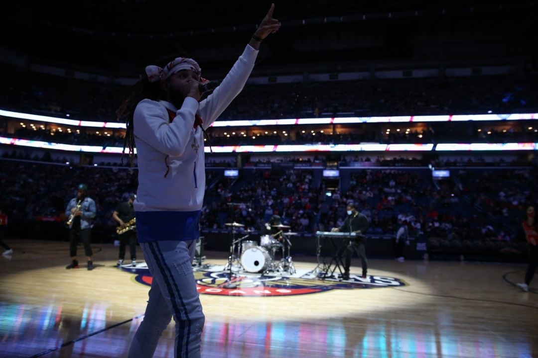 Lightbox-image: New Orleans Pelicans fans enjoy performances by the Pelicans Hype Team and more during the team's matchup against the Miami Heat on February 20, 20...