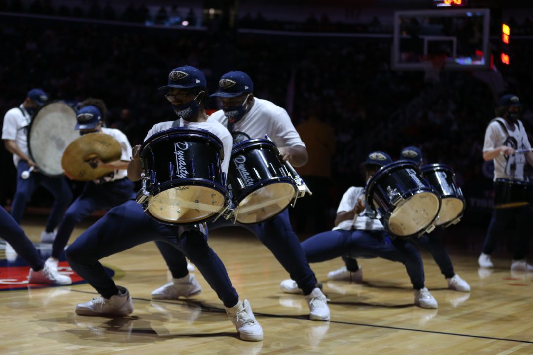Lightbox-image: New Orleans Pelicans fans enjoy performances by the Pelicans Hype Team and more during the team's matchup against the Miami Heat on February 20, 20...