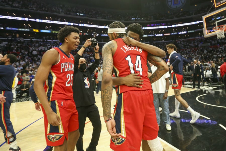 Lightbox-image: Photos from the New Orleans Pelicans victory celebration over the LA Clippers during the 2022 NBA Play-In Tournament game on Friday, April 15, 2022...