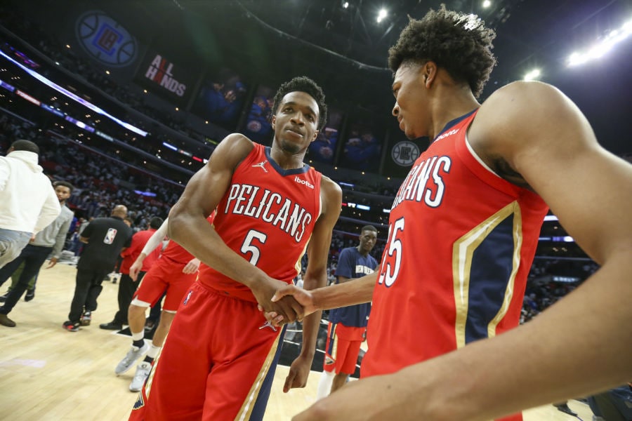Lightbox-image: Photos from the New Orleans Pelicans victory celebration over the LA Clippers during the 2022 NBA Play-In Tournament game on Friday, April 15, 2022...