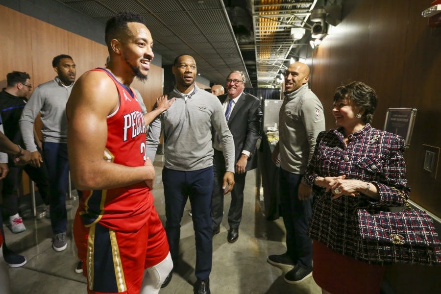 Lightbox-image: Photos from the New Orleans Pelicans victory celebration over the LA Clippers during the 2022 NBA Play-In Tournament game on Friday, April 15, 2022...