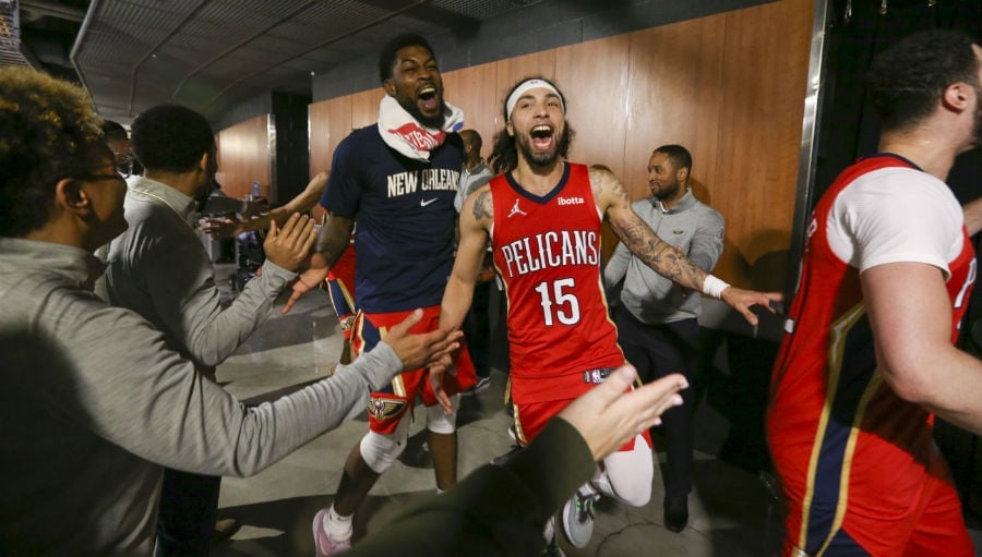 Lightbox-image: Photos from the New Orleans Pelicans victory celebration over the LA Clippers during the 2022 NBA Play-In Tournament game on Friday, April 15, 2022...
