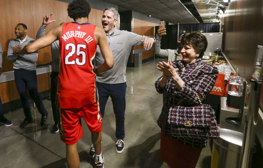 Lightbox-image: Photos from the New Orleans Pelicans victory celebration over the LA Clippers during the 2022 NBA Play-In Tournament game on Friday, April 15, 2022...