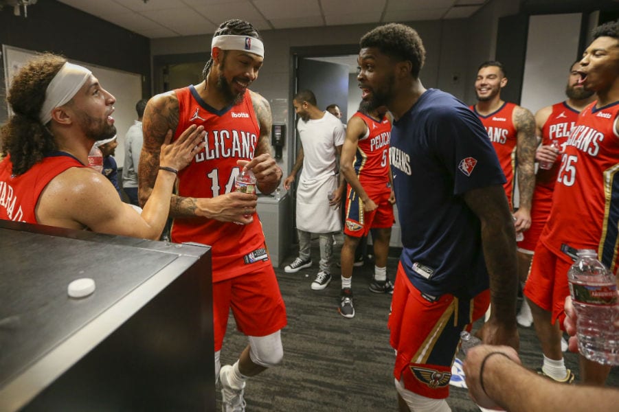 Lightbox-image: Photos from the New Orleans Pelicans victory celebration over the LA Clippers during the 2022 NBA Play-In Tournament game on Friday, April 15, 2022...