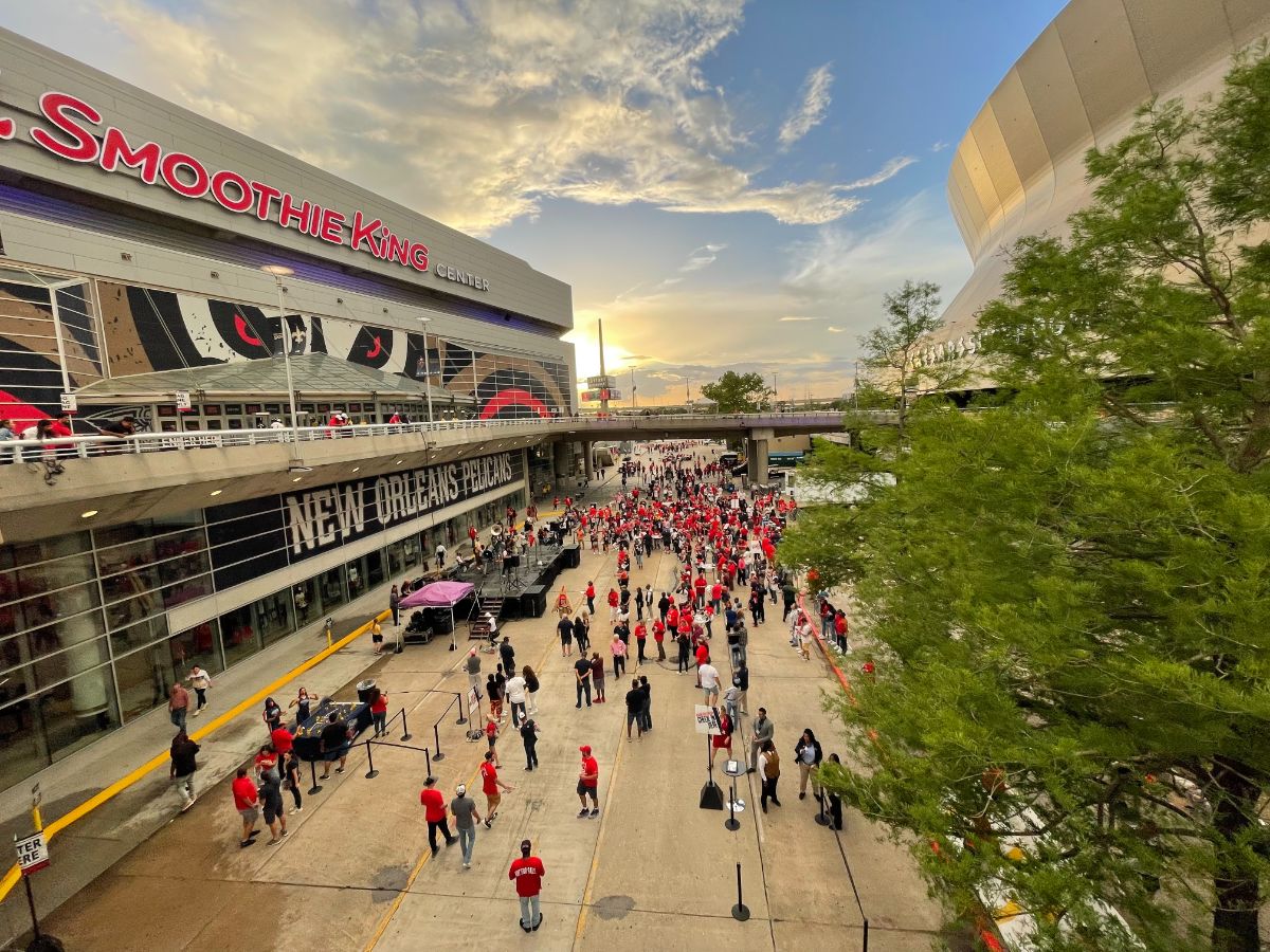 Slideshow-image: New Orleans Pelicans fans cheer on the team in Game 4 of the first round of the NBA Playoffs against the Phoenix Suns on Sunday, April 24, 2022....