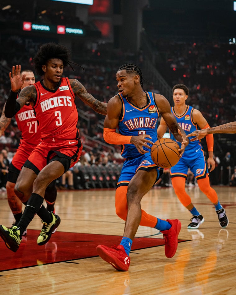 Slideshow-image: OKC's bench scored 56 points in Friday's 124-91 loss in Houston. The Thunder hosts the Sixers on Sunday for the home opener....