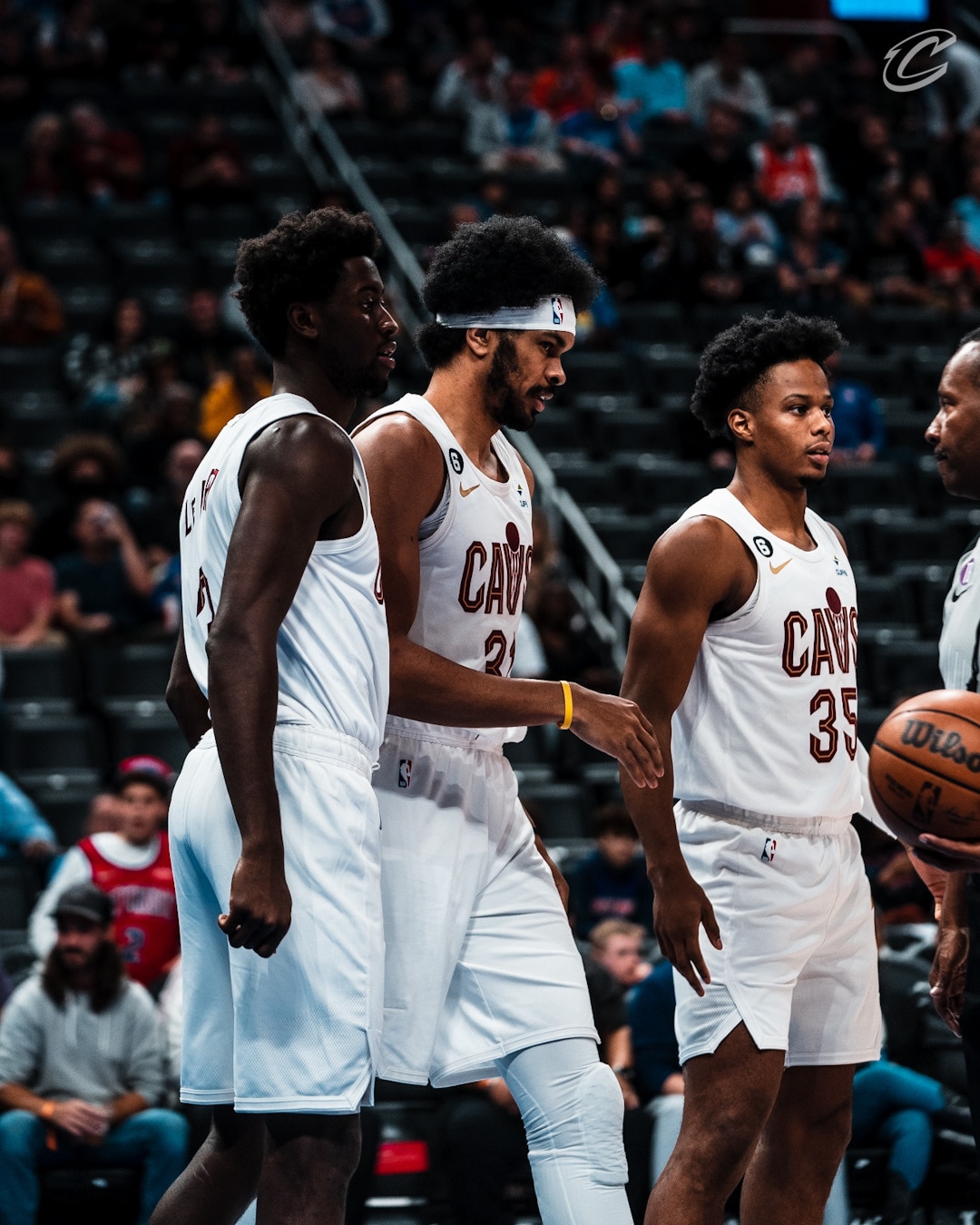 Slideshow-image: DETROIT, MI– November 4, 2022: Caris LeVert #3, Jarrett Allen #31, and Isaac Okoro #35 of the Cleveland Cavaliers during a game against the Detroit...