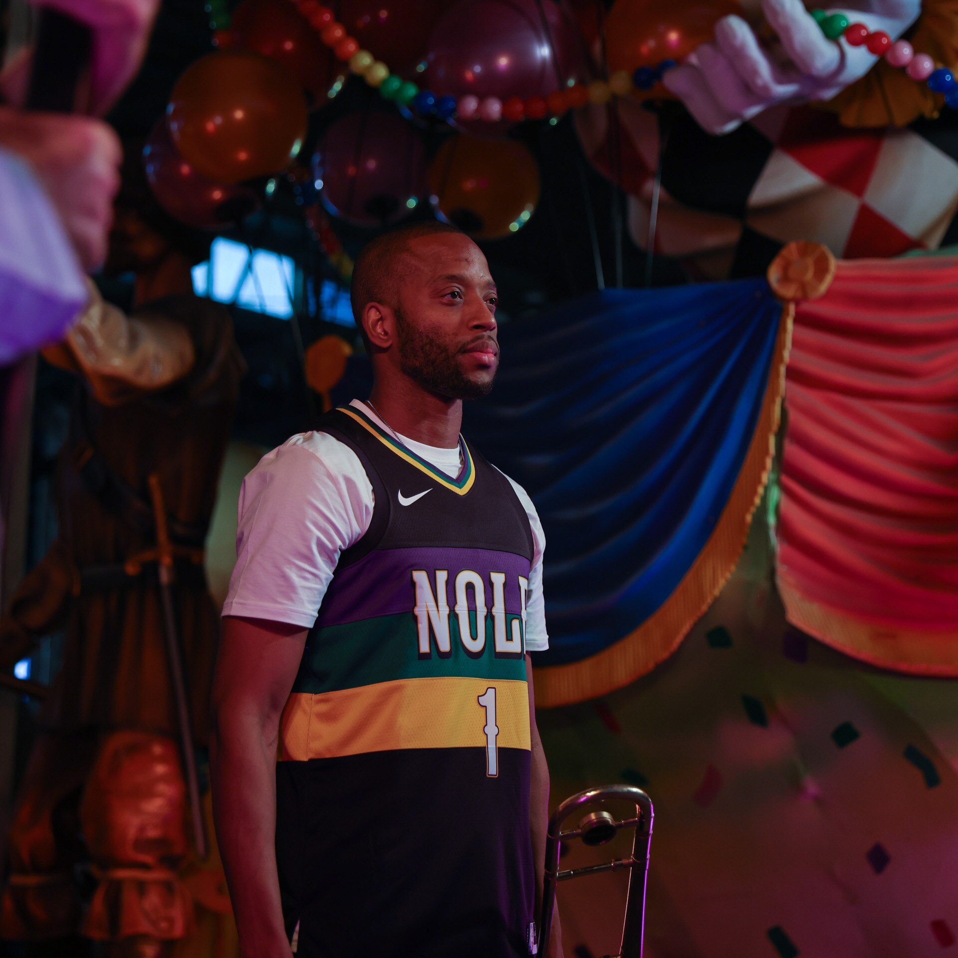 Slideshow-image: Go behind the scenes at the New Orleans Pelicans video shoot with Trombone Shorty to unveil their new 2022-23 Mardi Gras City Edition uniform....