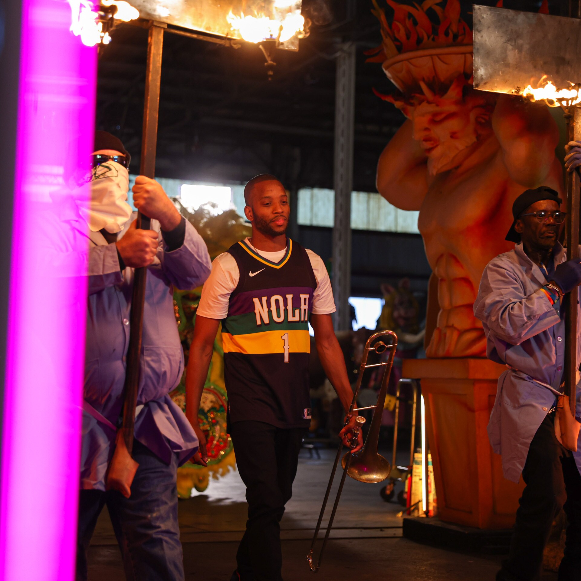 Slideshow-image: Go behind the scenes at the New Orleans Pelicans video shoot with Trombone Shorty to unveil their new 2022-23 Mardi Gras City Edition uniform....