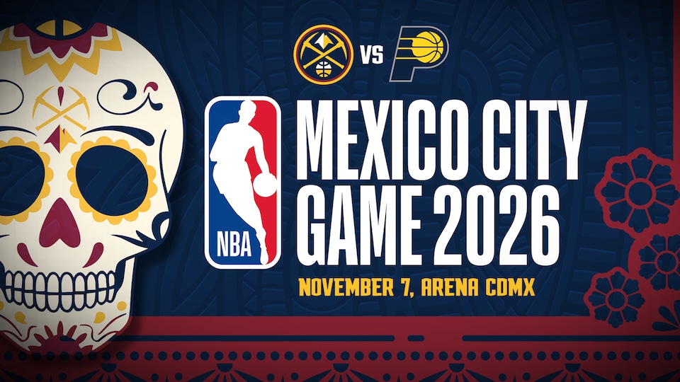Official NBA Mexico City Game 2026 artwork featuring the Indiana Pacers Denver Nuggets matchup and decorative calavera skull