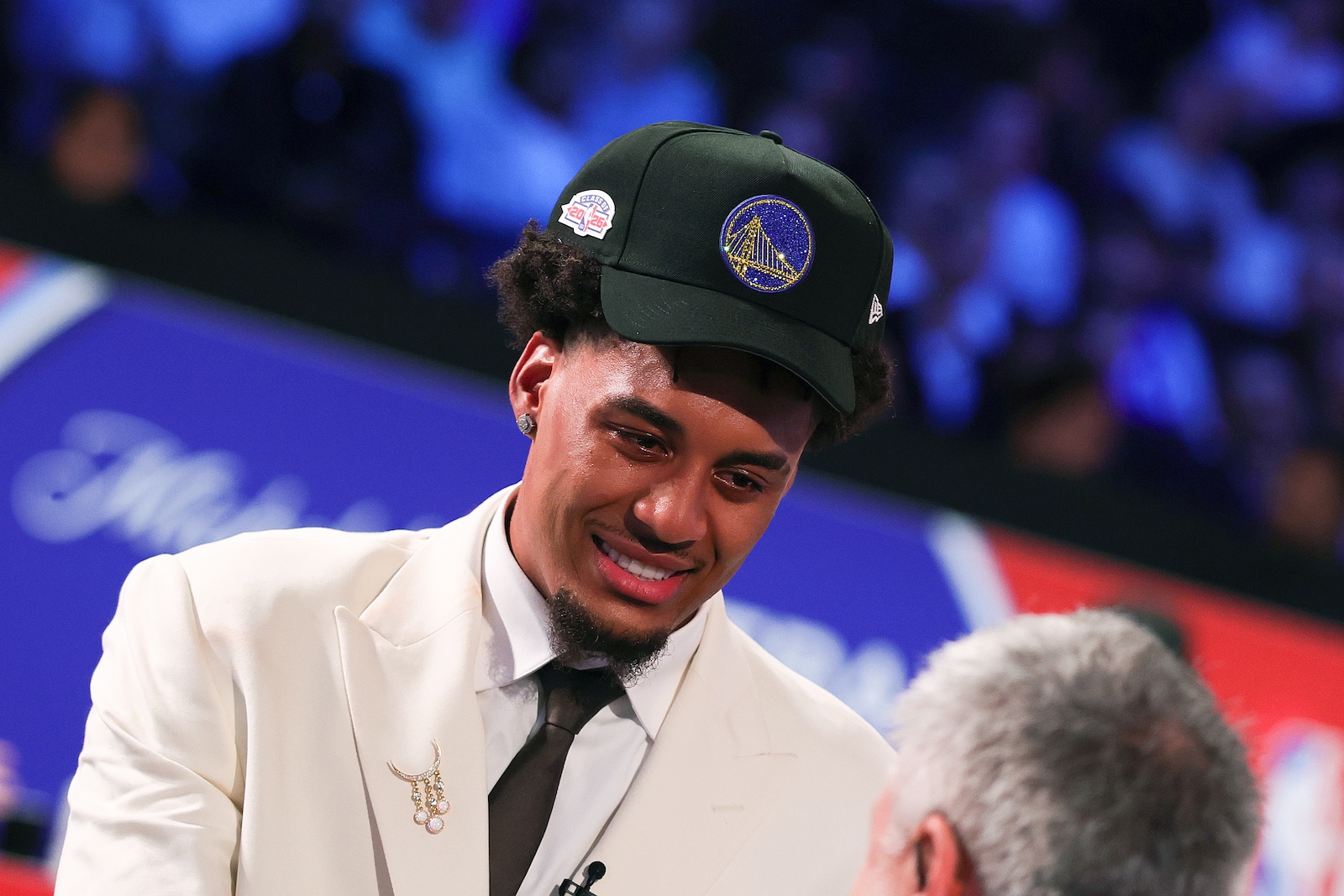Slideshow-image: NEW YORK, NEW YORK - JUNE 23: Yaxel Lendeborg after he is drafted eleventh overall by the Golden State Warriors during Round One of the 2026 NBA D...