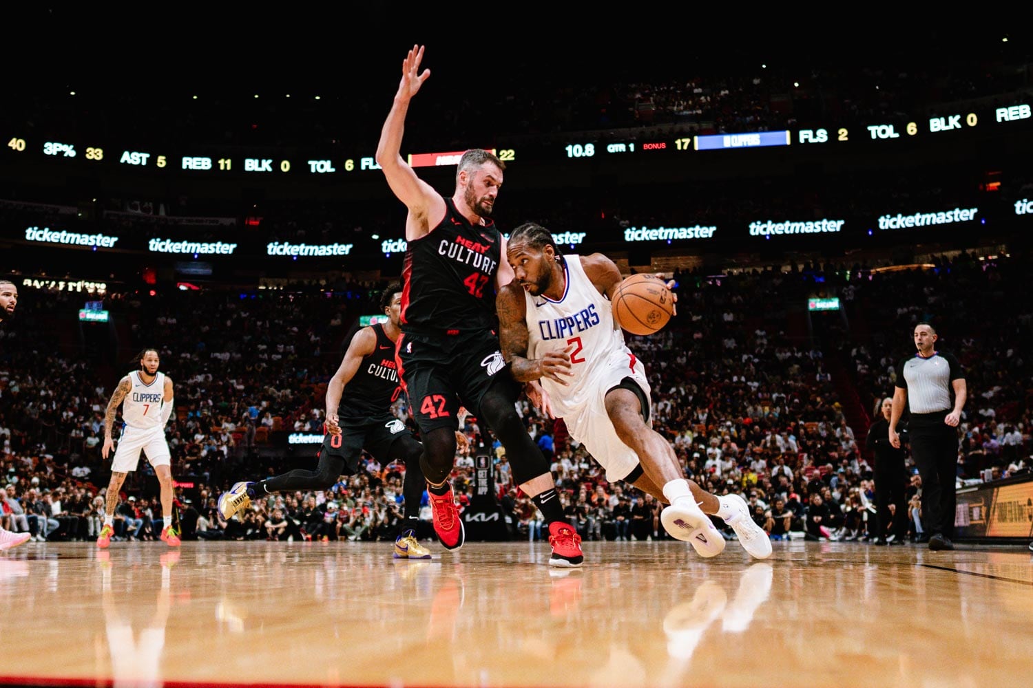 Slideshow-image: February 4, 2024 - Clippers vs Heat at Kaseya Arena, Miami, FL....