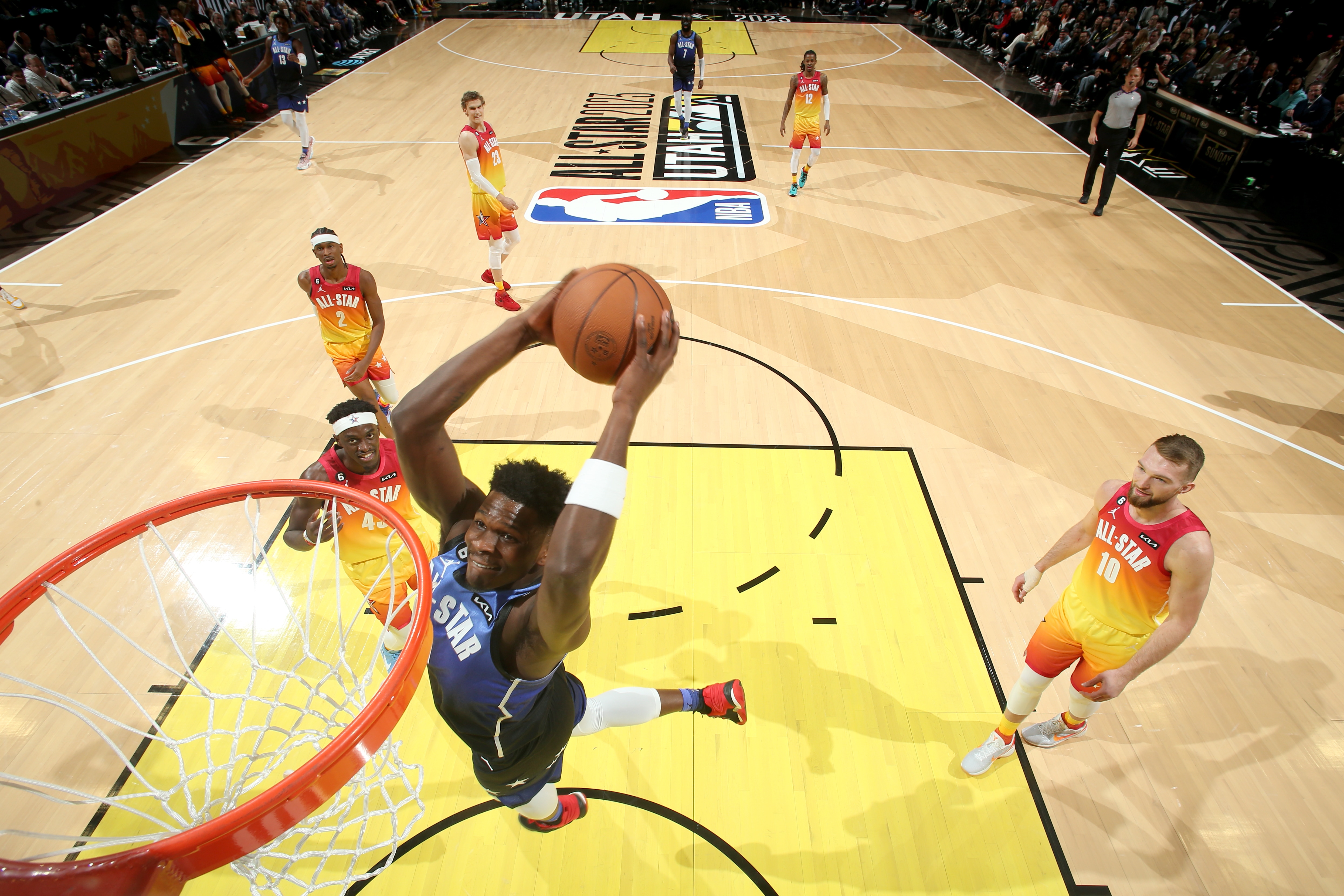 Slideshow-image: SALT LAKE CITY, UT - FEBRUARY 19: Anthony Edwards #1 of Team LeBron drives to the basket during the NBA All-Star Game as part of 2023 NBA All Star ...