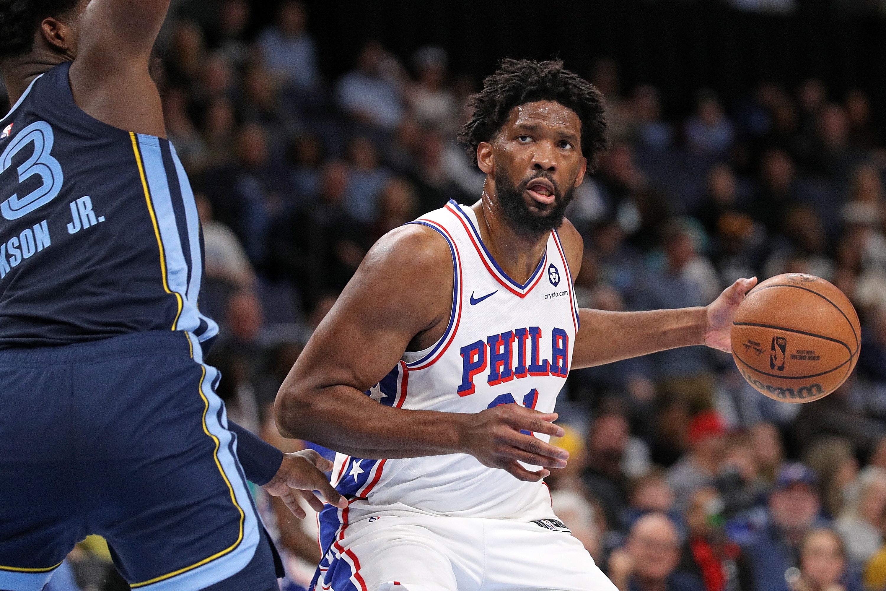 Joel Embiid #21 of the Philadelphia 76ers goes to the basket