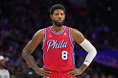 Paul George #8 of the Philadelphia 76ers looks on during the game against the Orlando Magic