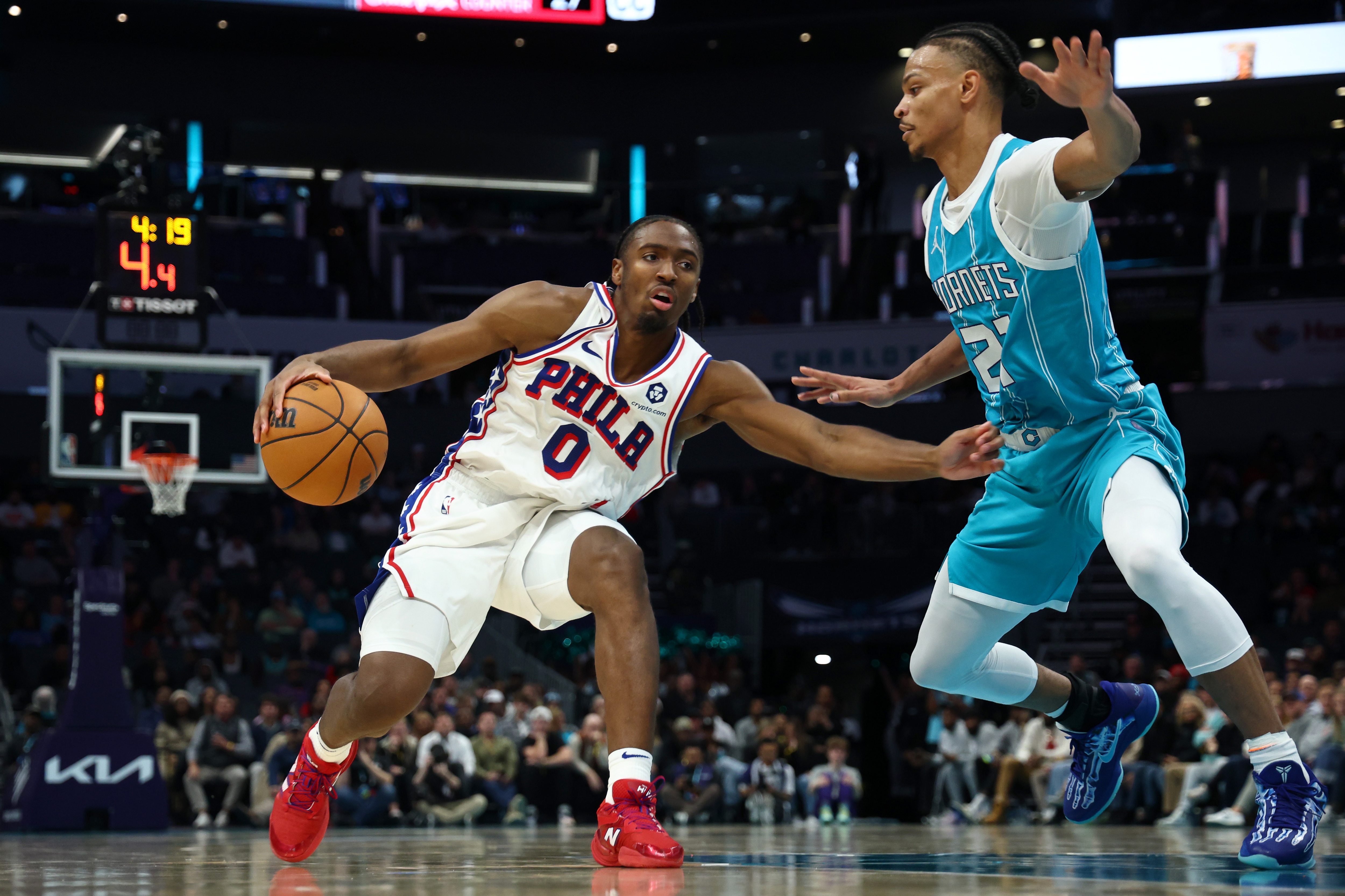 Tyrese Maxey #0 of the Philadelphia 76ers drives to the basket