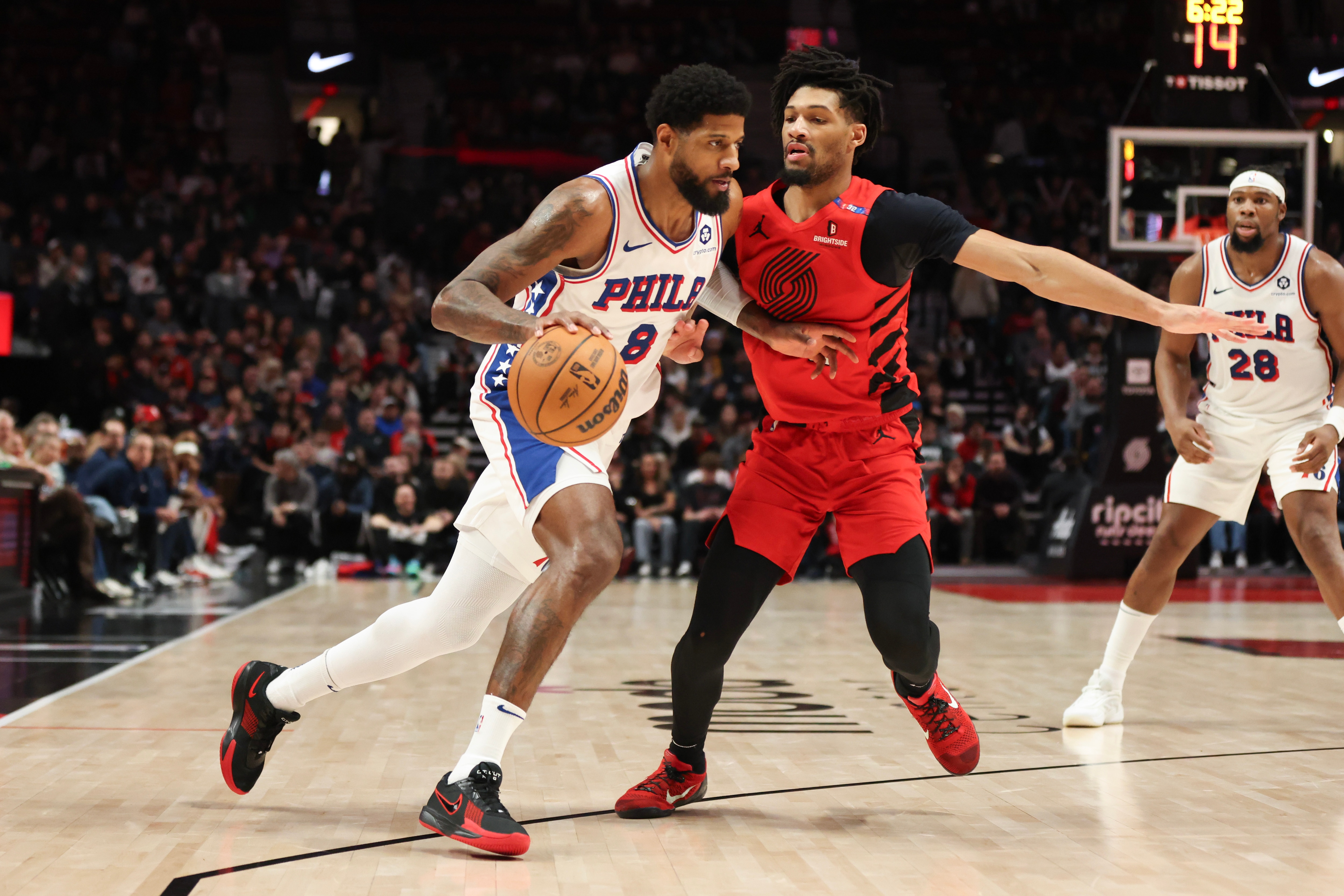 Paul George #8 of the Philadelphia 76ers drives to the basket